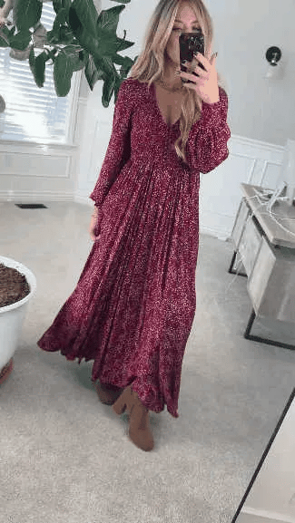 💎Robe Longue à Fleurs en Rayonne – Taille Smockée, Doublure Intégrale & Poches Cachées🌸👗