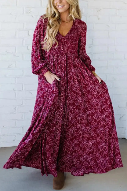 💎Robe Longue à Fleurs en Rayonne – Taille Smockée, Doublure Intégrale & Poches Cachées🌸👗
