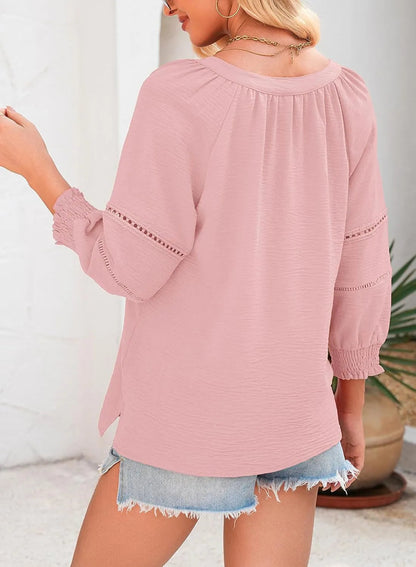 ✨ 58 % DE RÉDUCTION MAINTENANT ! 🌸 Haut décontracté pour femme à manches lanternes et col en V – Détail découpé à jour, poignets smockés et texture respirante