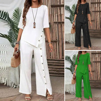 👚 55% DE RÉDUCTION! 🌸 Ensemble Deux Pièces pour Femme – Top avec Ourlet Asymétrique & Pantalon à Jambes Larges, Look Moderne & Confortable 💃