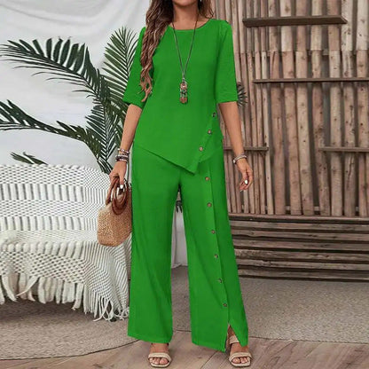 👚 55% DE RÉDUCTION! 🌸 Ensemble Deux Pièces pour Femme – Top avec Ourlet Asymétrique & Pantalon à Jambes Larges, Look Moderne & Confortable 💃