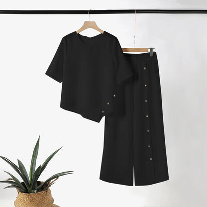 👚 55% DE RÉDUCTION! 🌸 Ensemble Deux Pièces pour Femme – Top avec Ourlet Asymétrique & Pantalon à Jambes Larges, Look Moderne & Confortable 💃