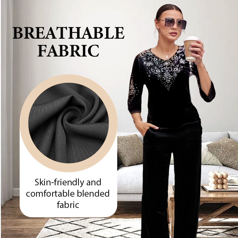 💎 Ensemble Top & Pantalon en Velours avec Strass pour Femme – Nouveau Design 2026, Élégance Brillante & Confort Respirant