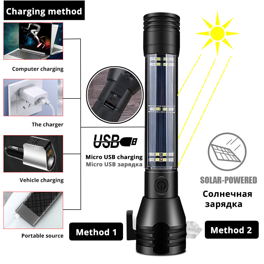 Lampe de poche tactique solaire 10 en 1 — puissante, polyvalente et rechargeable