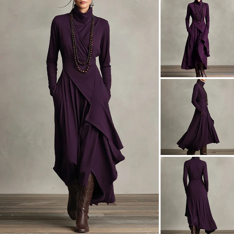 📢📢40 % de réduction !!!✨Robe longue asymétrique drapée à col haut élégante pour femme