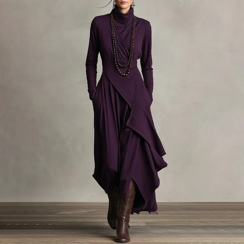 📢📢40 % de réduction !!!✨Robe longue asymétrique drapée à col haut élégante pour femme