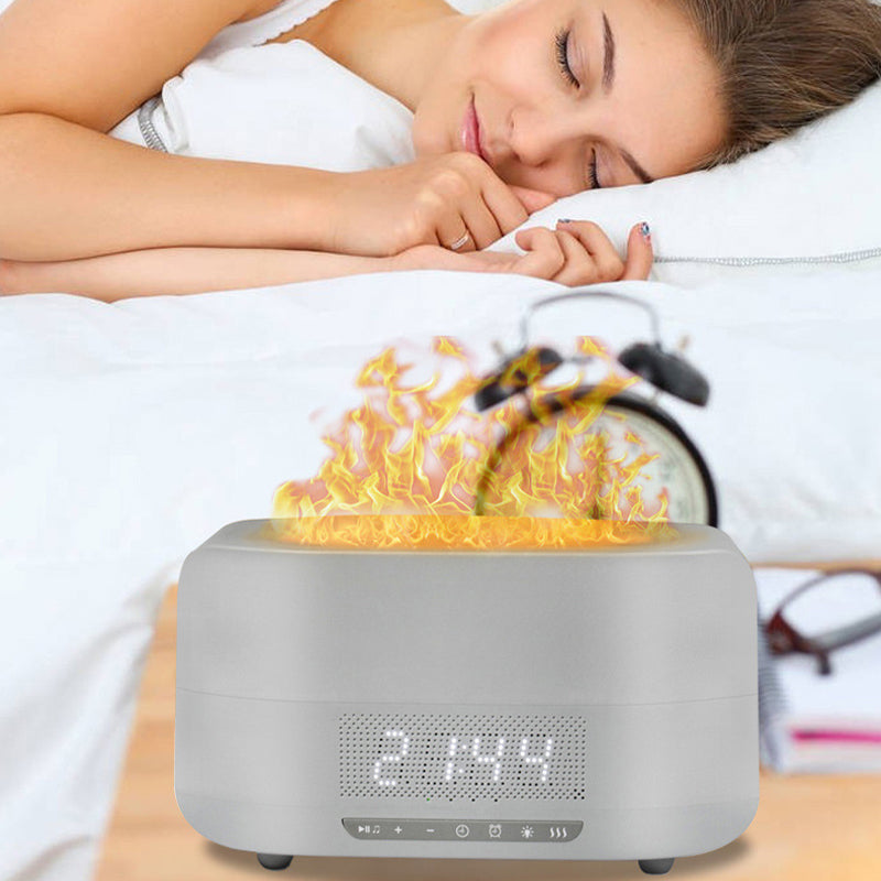 Diffuseur d'arômes à effet flamme, humidificateur intégré et enceinte Bluetooth — ambiance chaleureuse à domicile