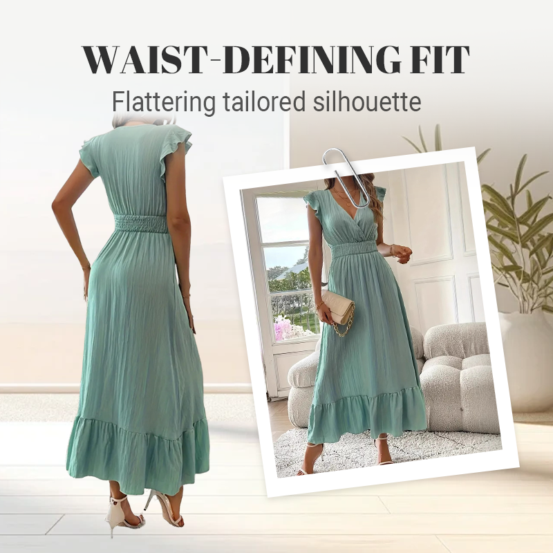 👗50 % de réduction✨Robe longue à col en V avec taille froncée et volants