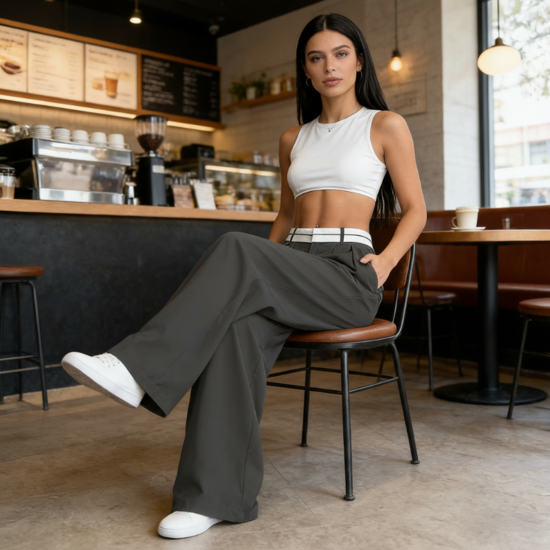 Pantalon large et élégant 💃 Ceinture bicolore + taille haute ✨ Parfait pour le travail ou le shopping 👜