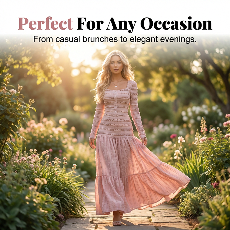 💐50 % de réduction + livraison gratuite🌺Robe Longue à Volants – Corsage Froncé & Encolure Carrée🌺💎【Édition Limitée】