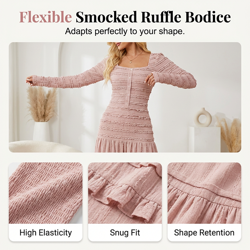 💐50 % de réduction + livraison gratuite🌺Robe Longue à Volants – Corsage Froncé & Encolure Carrée🌺💎【Édition Limitée】