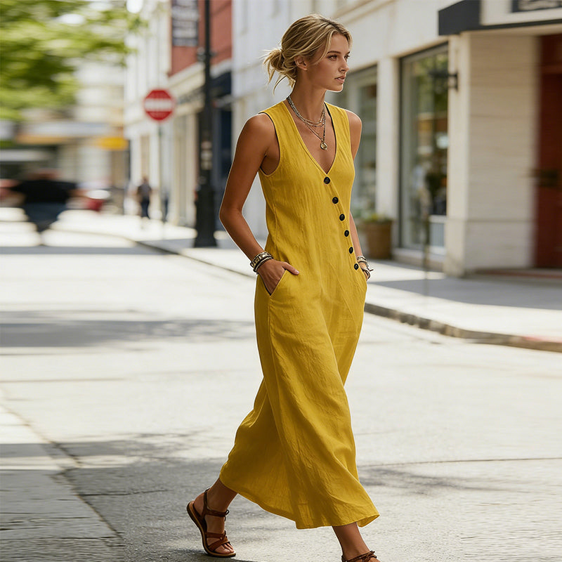 👗⏰ 50% DE RÉDUCTION ! Robe Longue Femme en Coton-Lin – Col en V, Boutons Asymétriques & Poches, Coupe Fluide pour l'Été 🌊