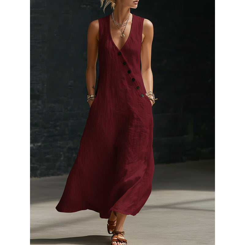 👗⏰ 50% DE RÉDUCTION ! Robe Longue Femme en Coton-Lin – Col en V, Boutons Asymétriques & Poches, Coupe Fluide pour l'Été 🌊