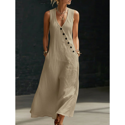 👗⏰ 50% DE RÉDUCTION ! Robe Longue Femme en Coton-Lin – Col en V, Boutons Asymétriques & Poches, Coupe Fluide pour l'Été 🌊