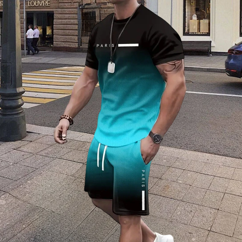 🔥VENTE CHAUDE🔥Ensemble T-shirt à dégradé de couleurs et short pour homme – Confort décontracté au quotidien