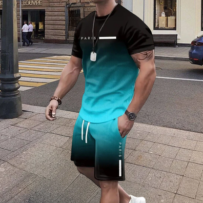 🔥VENTE CHAUDE🔥Ensemble T-shirt à dégradé de couleurs et short pour homme – Confort décontracté au quotidien
