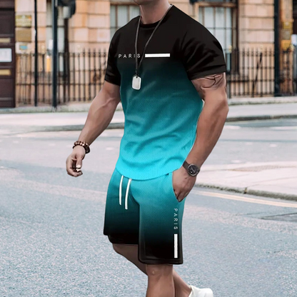 🔥VENTE CHAUDE🔥Ensemble T-shirt à dégradé de couleurs et short pour homme – Confort décontracté au quotidien