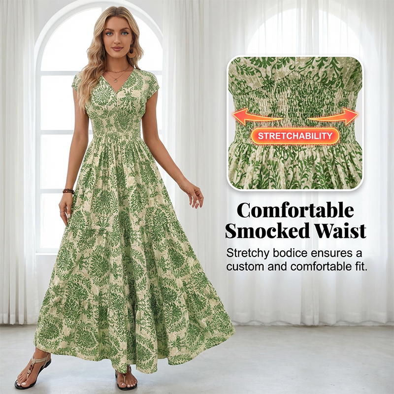 👗 PROMO FLASH : -50% ! 🔥 Robe Longue Femme – Col en V, Imprimé Floral & Taille Froncée, Tissu Léger et Respirant 🍁