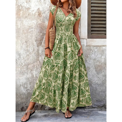 👗 PROMO FLASH : -50% ! 🔥 Robe Longue Femme – Col en V, Imprimé Floral & Taille Froncée, Tissu Léger et Respirant 🍁