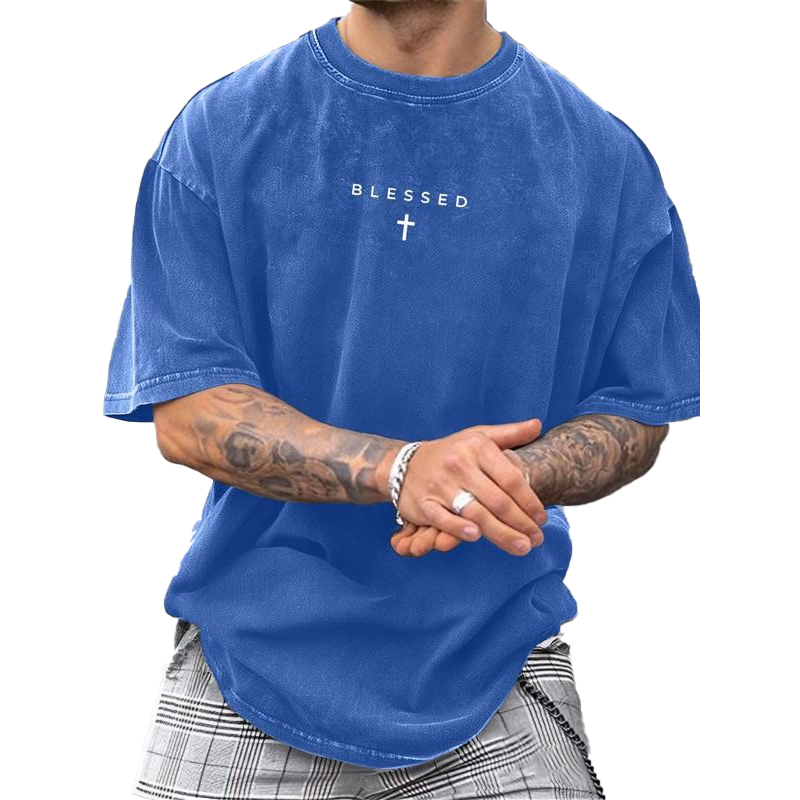 👕✝️ -50 % T-shirt vintage homme avec imprimé croix et lettres – Décontracté, expressif et avec une touche personnelle ✨