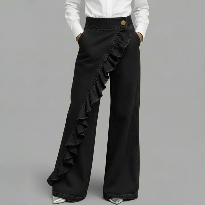 👖 OFFRE EXCLUSIVE : 50% DE RÉDUCTION ! 💃 Pantalon Denim Large à Volants Asymétriques – Coupe Taille Haute, Style Bohème & Tissu de Qualité 🌸