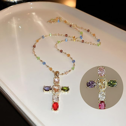 💎 50 % DE RÉDUCTION !! ✝️ Collier coloré avec pendentif en forme de croix en strass – Éclat éclatant, longueur réglable et message plein de sens ✨