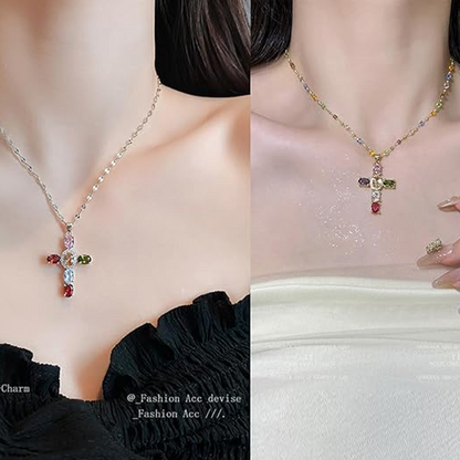 💎 50 % DE RÉDUCTION !! ✝️ Collier coloré avec pendentif en forme de croix en strass – Éclat éclatant, longueur réglable et message plein de sens ✨