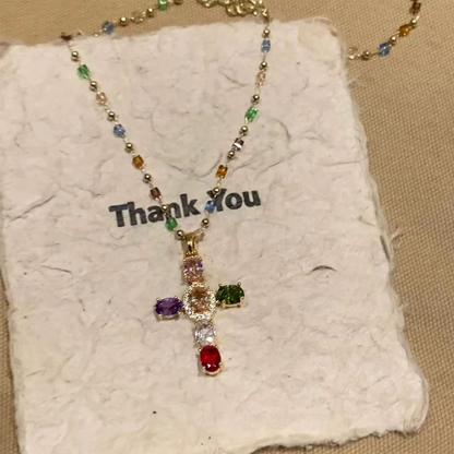 💎 50 % DE RÉDUCTION !! ✝️ Collier coloré avec pendentif en forme de croix en strass – Éclat éclatant, longueur réglable et message plein de sens ✨