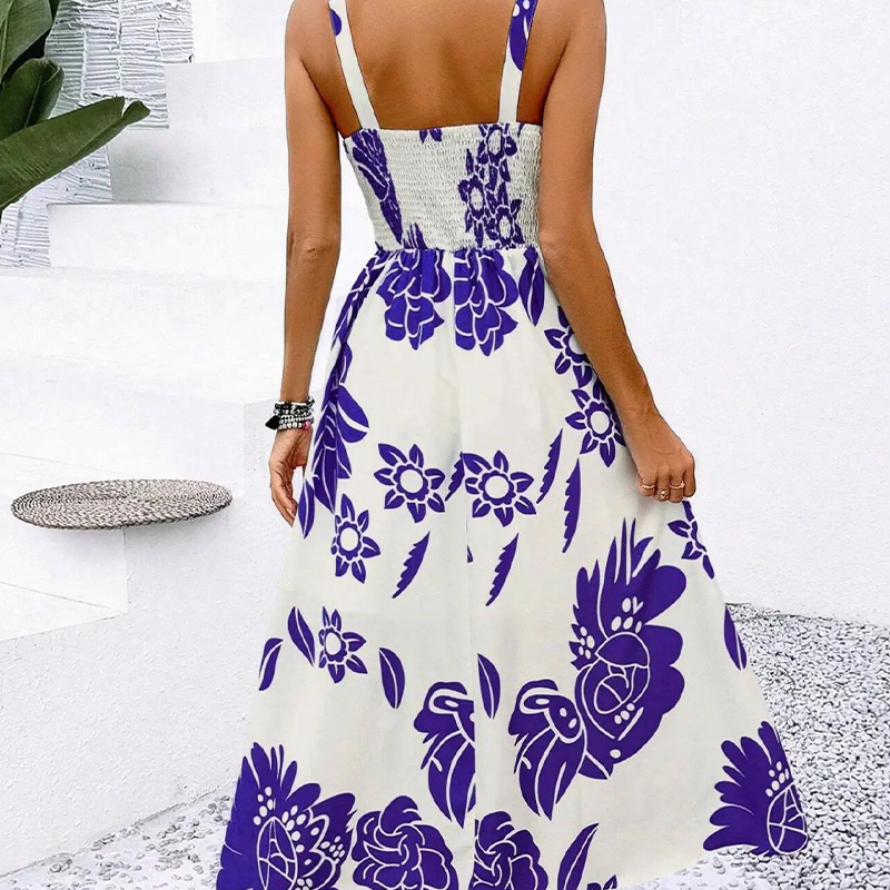 🌺 PROMO LIMITÉE 50% DE RÉDUCTION ! 👗 Robe Imprimée à Bretelles Fines – Dos Froncé, Coupe Trapèze, Légère 🦋