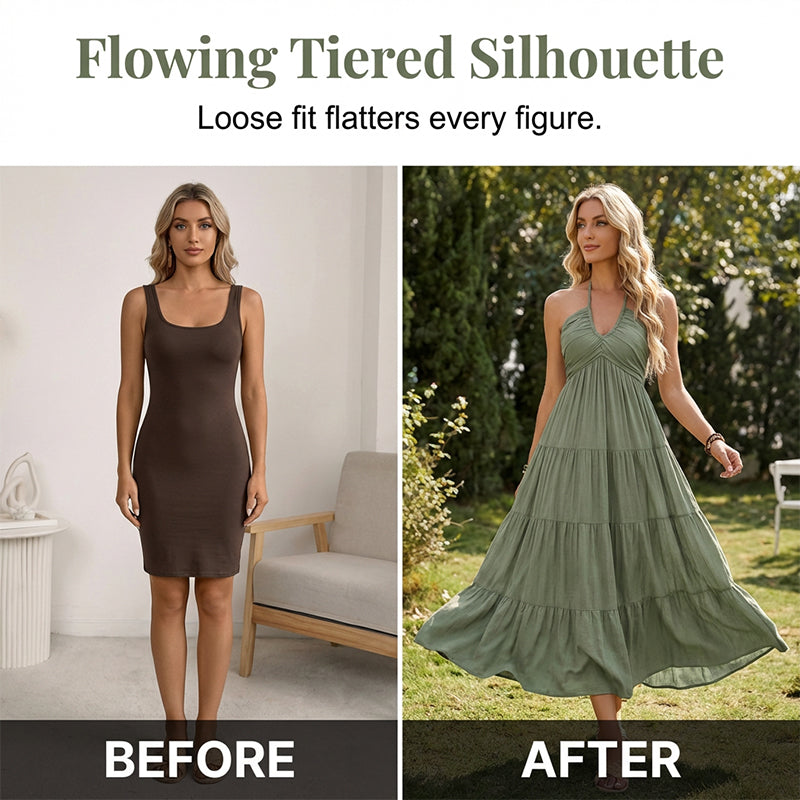 👗57 % de réduction + livraison gratuite à partir de 2 articles ! 🚚💨Robe longue à volants, dos nu et col licou pour femme