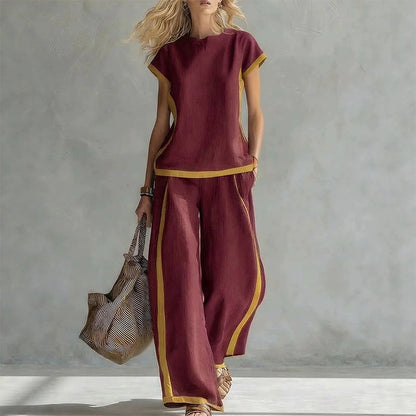 ☀️Ensemble deux pièces décontracté pour femme avec bordures contrastées🔥