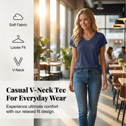 T-shirt décontracté à col en V et manches courtes pour femme