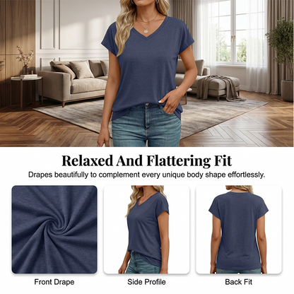 T-shirt décontracté à col en V et manches courtes pour femme