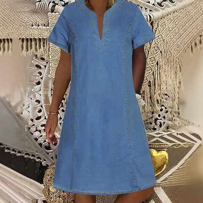 👗Robe en Denim pour Femmes – Col en V, Manches Courtes, Coupe Décontractée, Multi Tailles