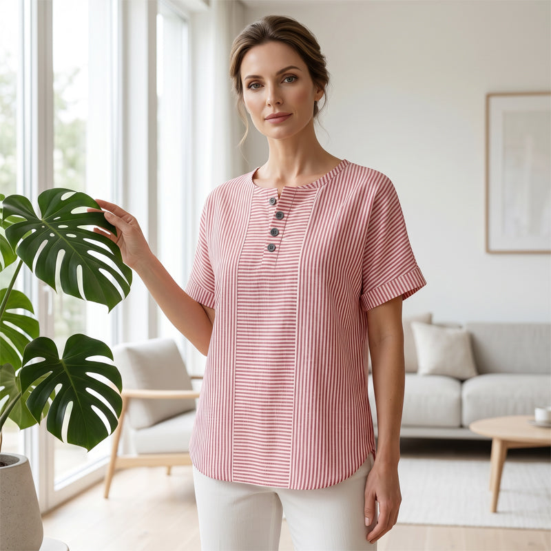 🥳SOLDES D'ÉTÉ🥳💞PLUS DE 50 000 EXEMPLAIRES VENDUS !💥50 % DE RÉDUCTION ! 🔥T-shirt Henley rayé décontracté pour femme