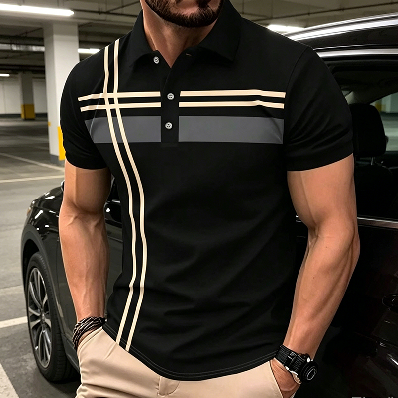 👕🌊 PROMO FLASH 50% ! Haut Homme à Manches Courtes Rayé – Col Claudine, Tissu Polyester Respirant & Infroissable, Coupe Ajustée Sportive, 5 Couleurs, Parfait pour l'Été & le Quotidien ✨