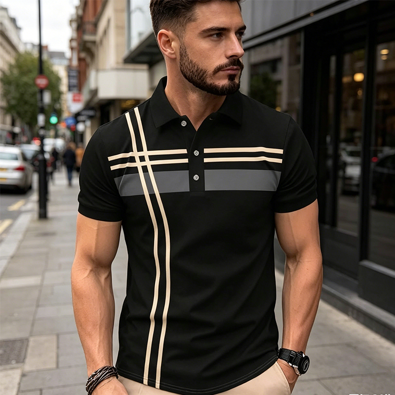 👕🌊 PROMO FLASH 50% ! Haut Homme à Manches Courtes Rayé – Col Claudine, Tissu Polyester Respirant & Infroissable, Coupe Ajustée Sportive, 5 Couleurs, Parfait pour l'Été & le Quotidien ✨