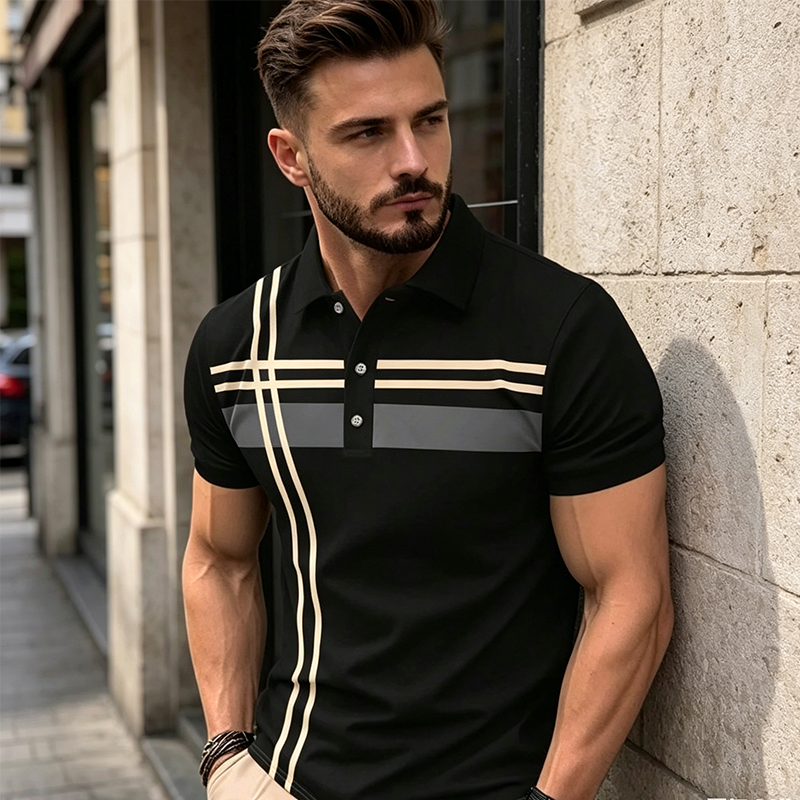 👕🌊 PROMO FLASH 50% ! Haut Homme à Manches Courtes Rayé – Col Claudine, Tissu Polyester Respirant & Infroissable, Coupe Ajustée Sportive, 5 Couleurs, Parfait pour l'Été & le Quotidien ✨