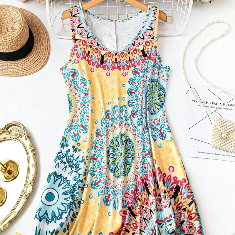 💐 PROMO EXCEPTIONNELLE -50% ! Robe Imprimée Sans Manches – Tissu Coton Léger, Tombé Fluide 🌺💨 【Offre Limitée】
