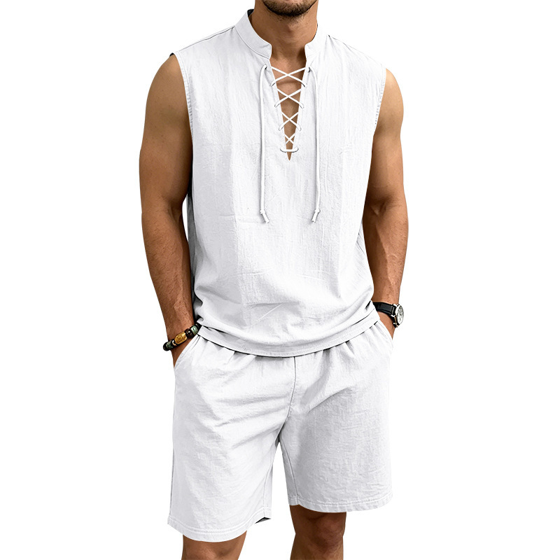 👕☀️ PROMO FLASH 50% ! Ensemble Homme en Lin – Haut sans Manches Lacé & Short, Tissu Respirant Naturel, 7 Couleurs, Style Bohème Chic & Vacances ✨