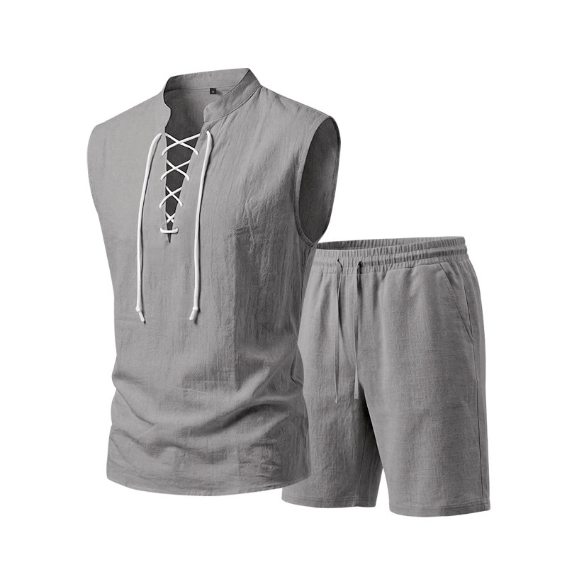 👕☀️ PROMO FLASH 50% ! Ensemble Homme en Lin – Haut sans Manches Lacé & Short, Tissu Respirant Naturel, 7 Couleurs, Style Bohème Chic & Vacances ✨