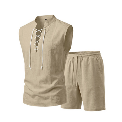 👕☀️ PROMO FLASH 50% ! Ensemble Homme en Lin – Haut sans Manches Lacé & Short, Tissu Respirant Naturel, 7 Couleurs, Style Bohème Chic & Vacances ✨