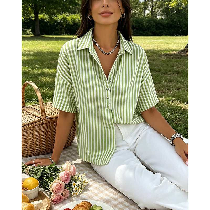 👕✨ PROMO LIMITÉE 50% DE RÉDUCTION ! Chemise Femme à Manches Courtes Rayées – Coupe Décontractée, Col en V, 9 Couleurs, Taille S-3XL, Polyvalente & Facile d'Entretien 🌸