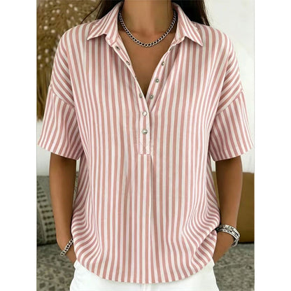 👕✨ PROMO LIMITÉE 50% DE RÉDUCTION ! Chemise Femme à Manches Courtes Rayées – Coupe Décontractée, Col en V, 9 Couleurs, Taille S-3XL, Polyvalente & Facile d'Entretien 🌸