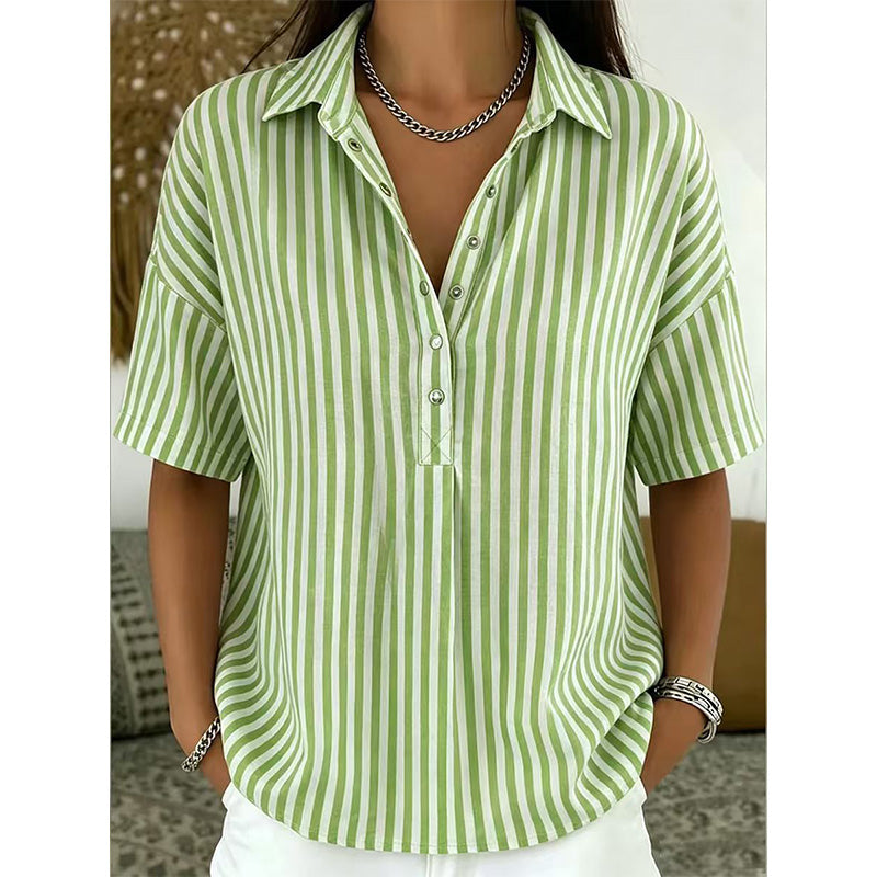 👕✨ PROMO LIMITÉE 50% DE RÉDUCTION ! Chemise Femme à Manches Courtes Rayées – Coupe Décontractée, Col en V, 9 Couleurs, Taille S-3XL, Polyvalente & Facile d'Entretien 🌸